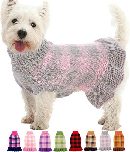 Vista 14 de Vestido suéter para perro, ropa de punto a cuadros para perros pequeños y medianos, cálido pullover de cuello alto elástico para cachorro y mascota