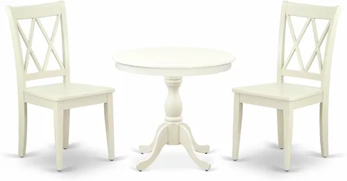 Vista 17 de East West Furniture AMCL3-BCH-W - Juego de mesa de comedor de 3 piezas contiene una mesa de cocina redonda con pedestal y 2 sillas de comedor, 36 x