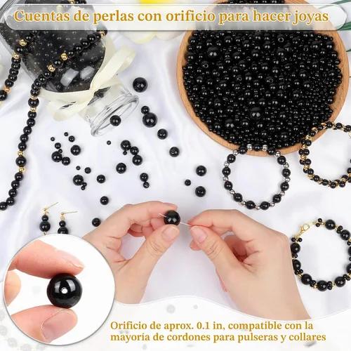 Vista 4 de Anezus 2205 Piezas Perlas Negras para Manualidades, Tamaños Surtidos de Perlas Falsas, Perlas para Coser, Perlas Sueltas a Granel con Agujeros