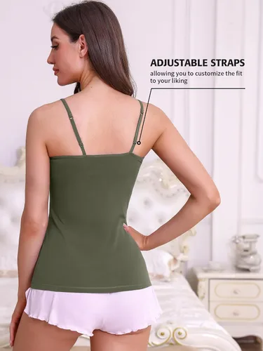 Vista 4 de ATTRACO Camisola de algodón con brasier de estante para mujer con tirantes de espagueti sin mangas #1 verde militar/negro