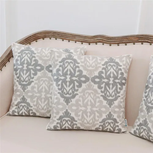 Vista 5 de HWY 50 Juego de 2 fundas de almohada decorativas gris gris de 18 x 18 pulgadas, fundas de almohada bordadas de lino para sofá, sala de estar, cama