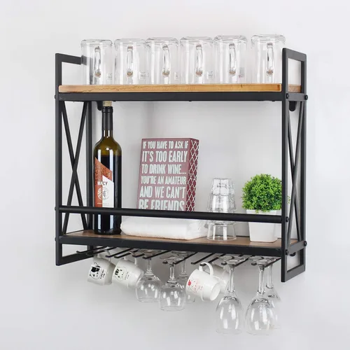 Vista 7 de MBQQ Estantes de vino rústicos montados en la pared con soporte para vidrio de 6 vástagos, estante de vino industrial de metal de 23.6 pulgadas