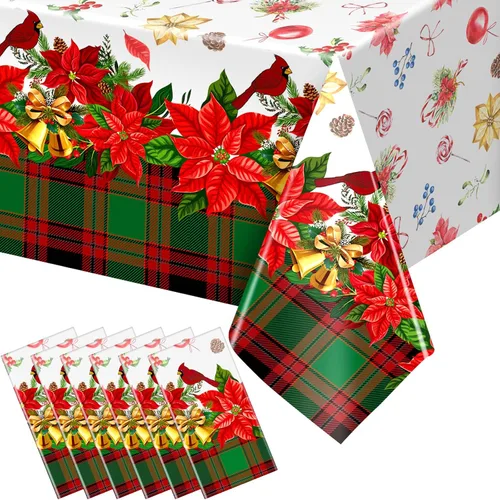 Vista 9 de Peryiter 2 piezas de mantel de plástico de Navidad alegre, 54 x 108 pulgadas, rojo de invierno, flor, loro, desechable, para decoración de fiesta