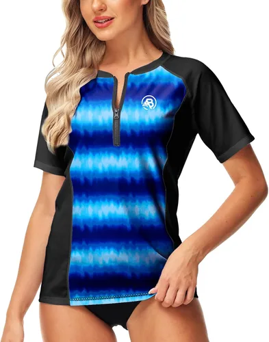 Vista 5 de AOBUTE Women Zip Rash Guard UPF 50+ Gradient Short Sleeve Swim Top Surf Shirts