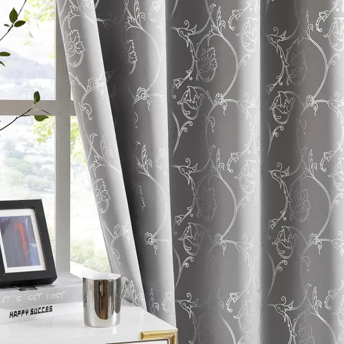 Vista 9 de Enactex Cortinas 100% opacas de 84 pulgadas de largo para dormitorio, cortinas con patrón floral plateado para sala de estar, oscurecimiento