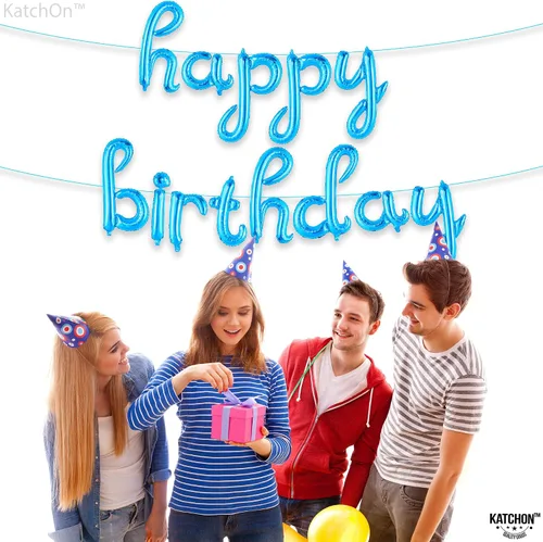 Vista 3 de KatchOn, Cartel azul de feliz cumpleaños – Cartel cursivo de feliz cumpleaños de 16 pulgadas, pancarta azul de feliz cumpleaños, decoraciones