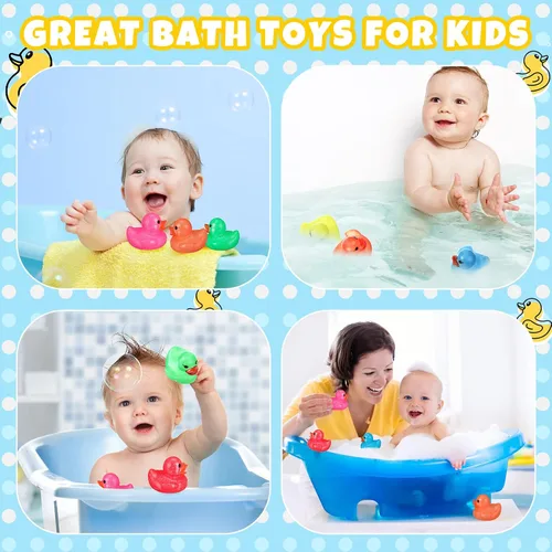 Vista 4 de Leitee 24 patos surtidos de patos de goma con purpurina para niños, mini patos con purpurina colorida de color neón, juguetes de baño para regalos