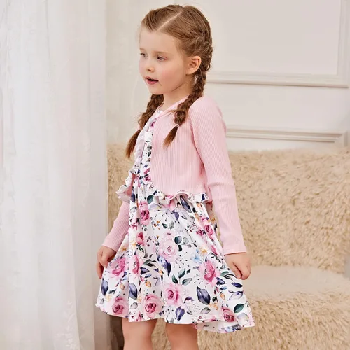 Vista 4 de PATPAT Conjunto de 2 piezas para niñas pequeñas, de manga larga, con estampado de flora y cárdigan