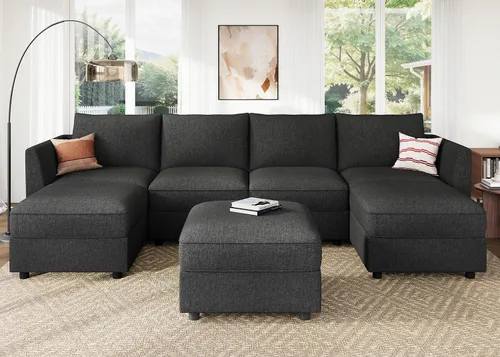 Vista 53 de HONBAY Sofá seccional modular con almacenamiento en forma de L sofá seccional, sofás convertibles para sala de estar - verde
