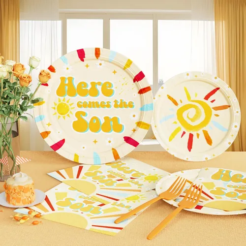 Vista 4 de Hombae Here Comes the Son - Juego de vajilla de decoración para baby shower con platos, servilletas, tenedores, suministros de fiesta de baby