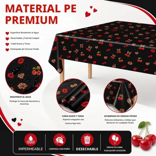 Vista 2 de Mantel de plástico desechable de cereza guepardo, paquete de 3, 54 Cereza Negro