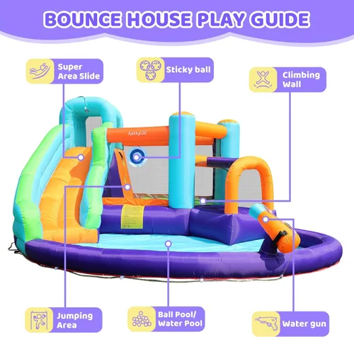 Vista 4 de Doctor Dolphin - Casa inflable de rebote con tobogán acuático, casa inflable para niños grandes, tobogán acuático para patio trasero, parque