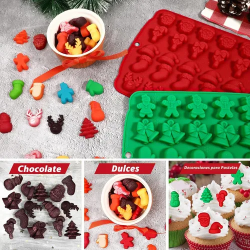 Vista 3 de Moldes de caramelo navideños Kamehame, 2 piezas con 30 cavidades de caramelo navideño en forma de goma, moldes navideños de chocolate de silicona
