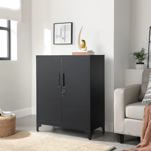 Vista 2 de SONGMICS Gabinete de Garaje, Gabinete de Almacenamiento de Metal con Puertas y Estantes, para Oficina en Casa, Garaje y Cuarto de Servicio, Negro