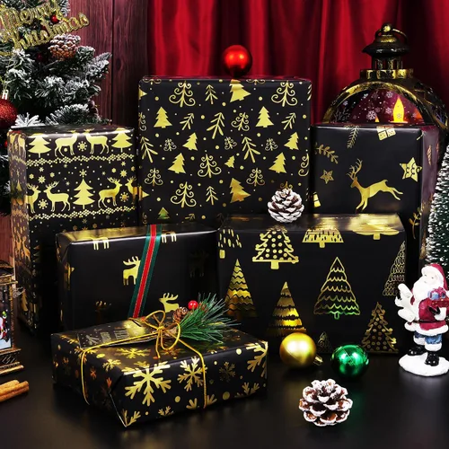 Vista 2 de MAMUNU - Papel de regalo de Navidad, 6 hojas de papel de regalo de lámina metálica negro y dorado, papel de regalo con diseño de copo de nieve