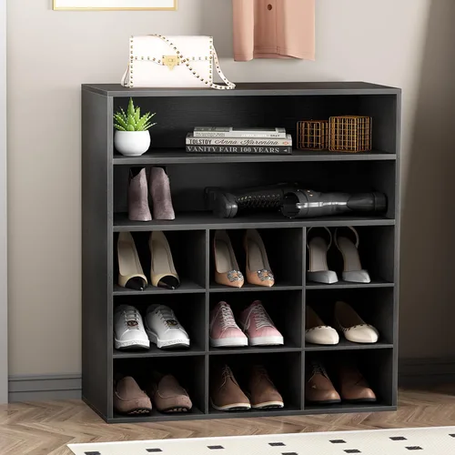 Vista 13 de Garden 4 you Banco de almacenamiento de zapatos, zapatero con 9 cubículos, organizador de zapatos de madera de 3 niveles, armario organizador