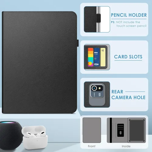 Vista 3 de DETUOSI Funda universal para tableta Android de 10.1 pulgadas, cubierta protectora de cuero, visión de 2 ángulos, con 3 ranuras para tarjetas, funda