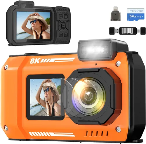 Vista 10 de Cámara Digital Impermeable 8K para Esnórquel: 70MP 33FT Cámara Subacuática Compacta Resistente HD de Doble Pantalla con Zoom de 18X Selfie, Tarjeta