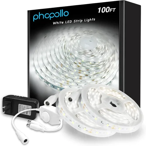 Vista 9 de PHOPOLLO Tira de luces LED blancas de 16.4 pies, tira de luces LED regulable de 6500K de luz blanca diurna, 300 LED, luces LED flexibles