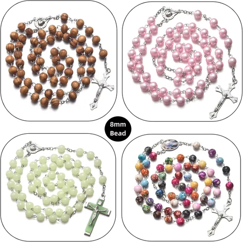 Vista 4 de SZQCZB 7 collares católicos con cuentas de rosario y 18 tarjetas sagradas, regalos de primera comunión católica, medalla y cruz de Our Rose Lourdes