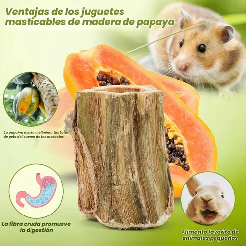 Vista 5 de Abizoo Juguetes masticables naturales de conejo, 6 piezas de madera de papaya orgánica, juguetes masticables para conejo, hámster, cobaya