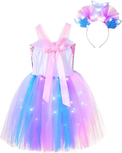 Vista 4 de MSemis Lighting Up - Disfraz de sirena de cumpleaños para niñas pequeñas, vestido de tutú metálico con diadema