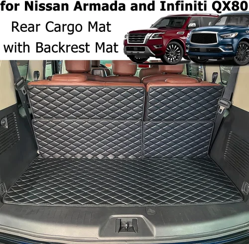 Vista 5 de para 2017-2024 Nissan Armada / 11-13 Infiniti QX56 / 2014-2024 QX80 Alfombra de maletero y fundas de respaldo trasero para 2ª+3ª fila (5 piezas)