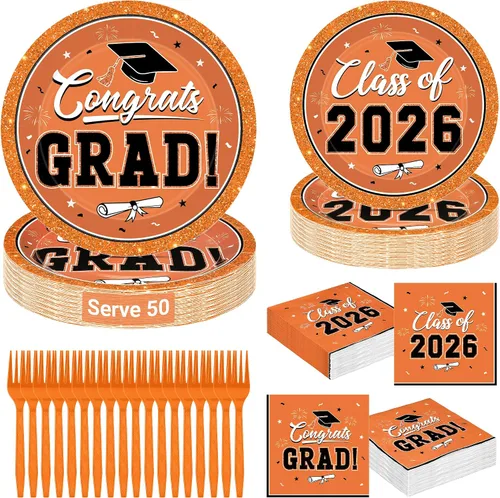 Vista 11 de QZYL 200 suministros para fiesta de graduación 2026, platos y servilletas de graduación negros y dorados, platos de postre desechables y tenedores
