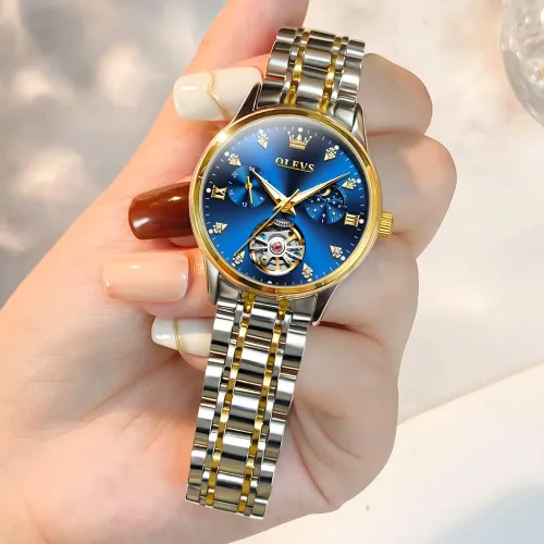 Vista 6 de OLEVS - Relojes Automáticos para Mujer con Tourbillon de Diamante, Relojes de Pulsera Elegantes, Fase Lunar, Impermeables, Luminosos