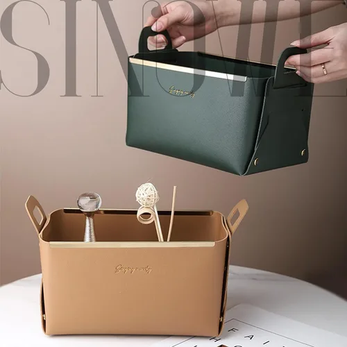 Vista 3 de Cesta decorativa de piel sintética, cesta pequeña para entrada, mesita de noche, cómoda, caja organizadora rectangular plegable (marrón)