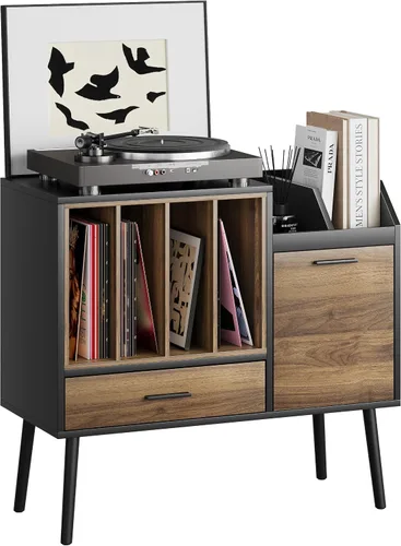 Vista 9 de Semiocthome Soporte para tocadiscos con caja de almacenamiento de vinilo anidable, mesa de tocadiscos con cajón, un gabinete, área de almacenamiento