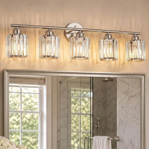 Vista 30 de Lámpara de tocador moderna de cristal de 2 luces, accesorio de luz vertical dorada para baño sobre espejo para mesa de tocador y fregadero