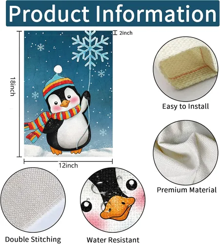 Vista 4 de Bandera de jardín de Navidad de bienvenida de pingüinos de invierno, 12 x 18 pulgadas, de arpillera de doble cara, bufandas de copos de nieve