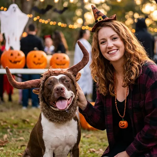 Vista 6 de Peluca de cuerno de perro de Halloween, disfraz suave de perro de toro, gorro cálido de invierno, peluca de perro, ropa para mascotas, divertido