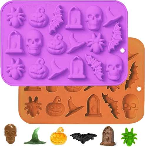Vista 7 de Molde de chocolate de Halloween, 2 piezas de molde de silicona para hornear de Halloween, calabaza, murciélago, calavera, molde de silicona