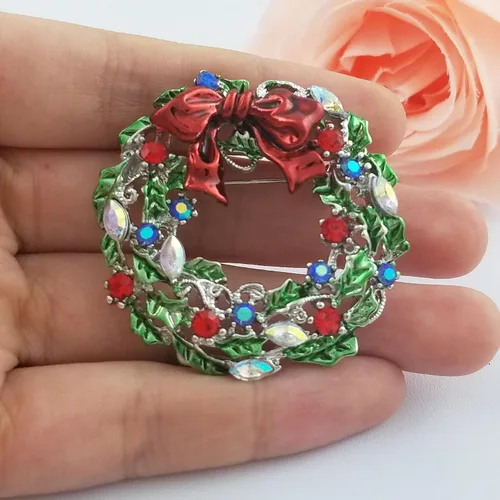 Vista 4 de SELOVO Broche redondo de cristal austriaco rojo verde plateado corona