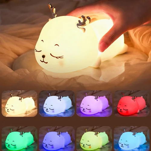 Vista 7 de Aolyty Luz nocturna para niños, lindo ciervo, de silicona, lámpara para niños pequeños, recargable por USB, luz nocturna con función de temporizador