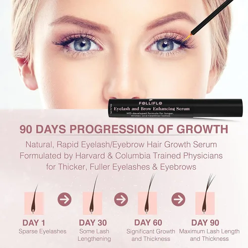 Vista 2 de Folliflo Suero acondicionador de pestañas y cejas con aceite de ricino y Panax Ginseng, cuidado diario ligero para pestañas y cejas de aspecto más