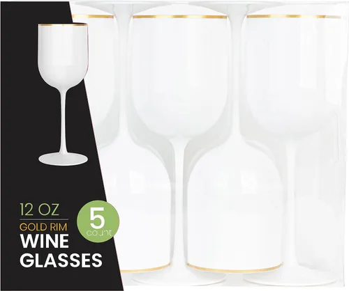 Vista 12 de PLASTICPRO Juego de 5 copas de vino de plástico con borde dorado, elegantes copas de vino de plástico duro en tallo de 12 onzas