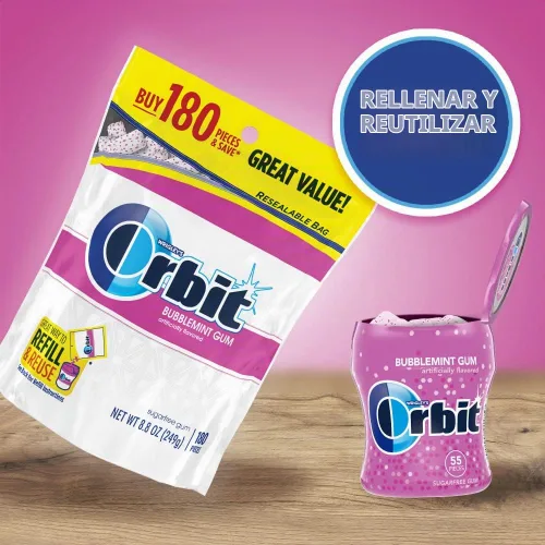 Vista 5 de ORBIT Bubblemint - Goma de mascar sin azúcar, paquete a granel, 2 bolsas, 180 piezas y 2 botellas, 55 unidades de goma de mascar