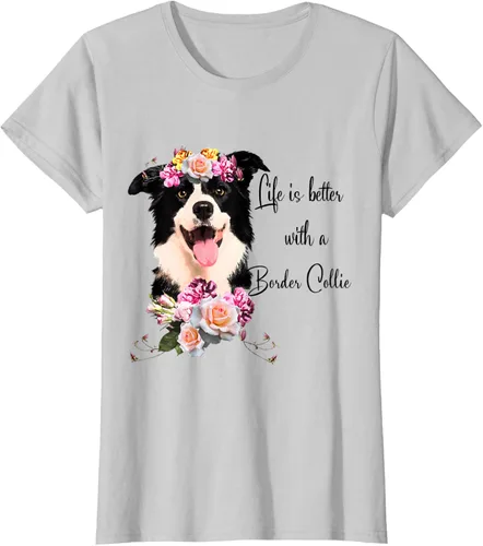 Vista 25 de Life is Better With a Border Collie - Camiseta de perro lindo con flores, gris, S Gris Oscuro
