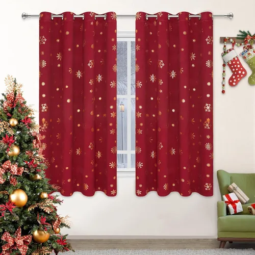 Vista 17 de FRAMICS Cortinas de Navidad con estampado de copos de nieve dorados en papel de aluminio, cortinas opacas con aislamiento térmico para sala de estar