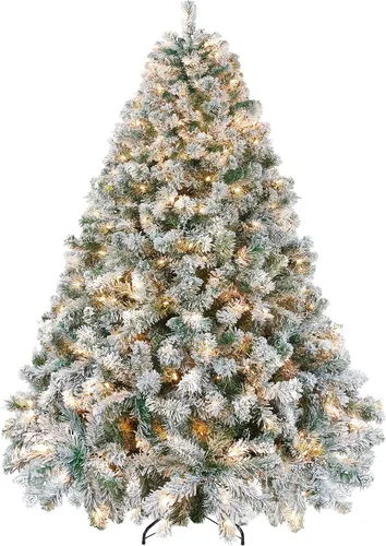 Vista 18 de Yaheetech - Árbol artificial de Navidad preiluminado de 9 pies con luces incandescentes de color blanco cálido, árbol de Navidad con flecos de Verde