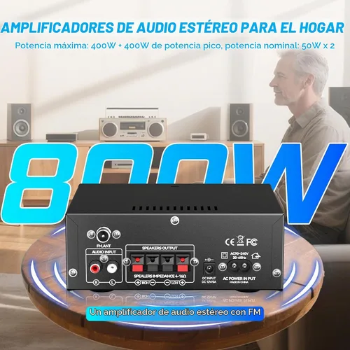 Vista 4 de Amplificador estéreo AK45 Pro Receptores de audio para el hogar, potencia nominal 50W x2, máx. 800W, receptor de audio estéreo de 2.0 canales