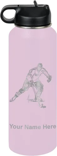 Vista 74 de LaserGram Botella de agua personalizada, jugador de hockey, acero inoxidable de doble pared aislada al vacío con popote superior, regalo grabado
