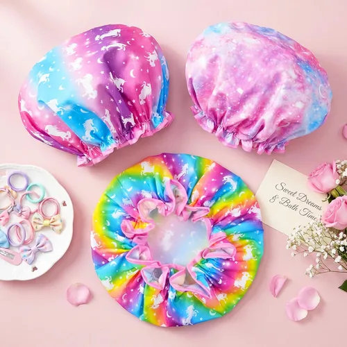Vista 2 de Olypegic Gorro de ducha para niños, 3 piezas, para niñas, reutilizable, impermeable, ajustable, grande, con unicornio, sirena, arco iris, lindo