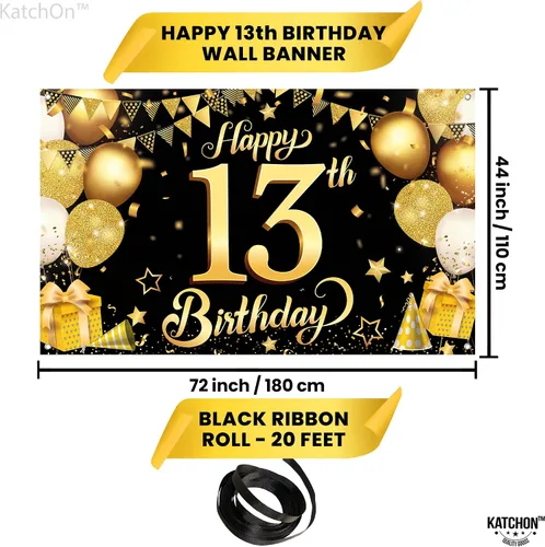 Vista 4 de KatchOn, Cartel de feliz cumpleaños número 13, negro y dorado, extragrande, 72 x 44 pulgadas, telón de fondo de feliz cumpleaños, pancarta de feliz