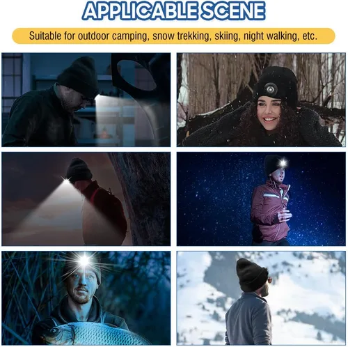 Vista 6 de iodoo Gorro LED 2023 con luz desmontable, unisex, recargable por USB, manos libres, 4 LED, gorro de invierno de punto con luz nocturna, linterna