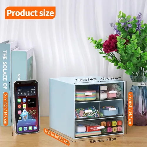 Vista 3 de Organizador de escritorio con 5 cajones, suministros de papelería de oficina rectangulares, cajones de escritorio, almacenamiento de maquillaje