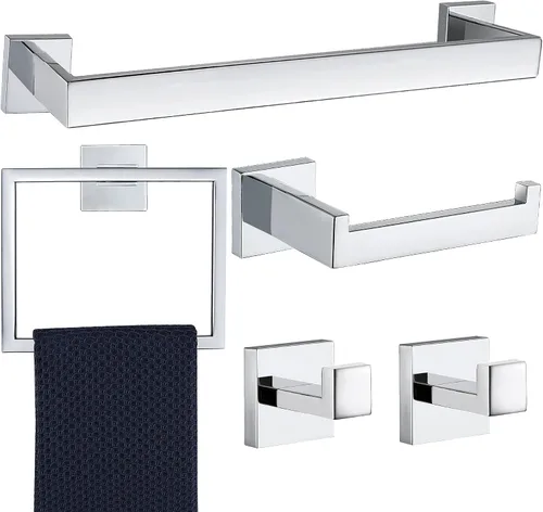 Vista 13 de Juego de 5 piezas de accesorios de ferretería para baño en negro mate, juego de toalleros cuadrados de 16 pulgadas para baño, juego de barras